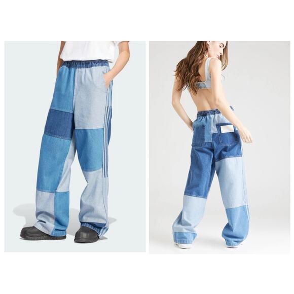 adidas Denim - Adidas X KSENIASCHNAIDER Patchwork Wide Leg Denim High Rise Blue Jeans Size L